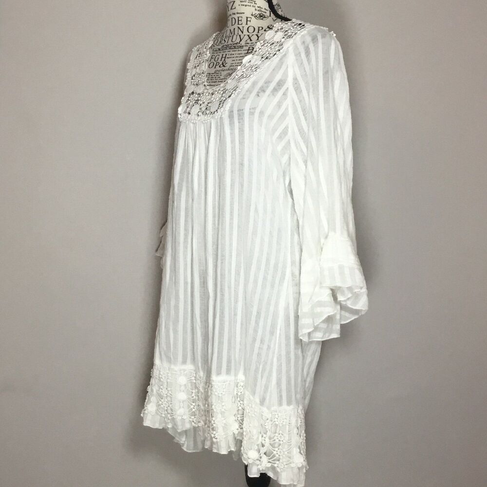 White cotton Victorian tunic dress coverup gauzy ruffle bell sleeve prairie L - Picture 4 of 6